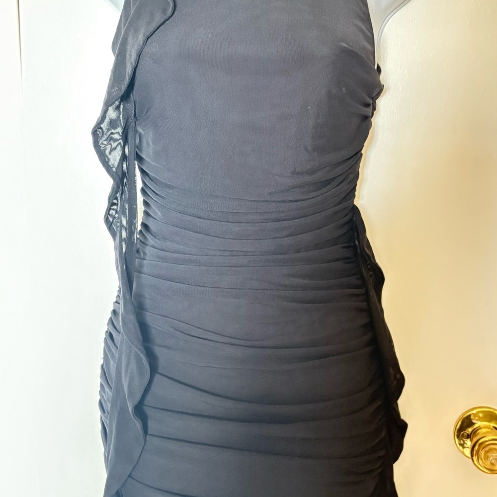 Forever 21 black ruched bodycon mini dress  textured mesh overlay#sideruffle#Y2K